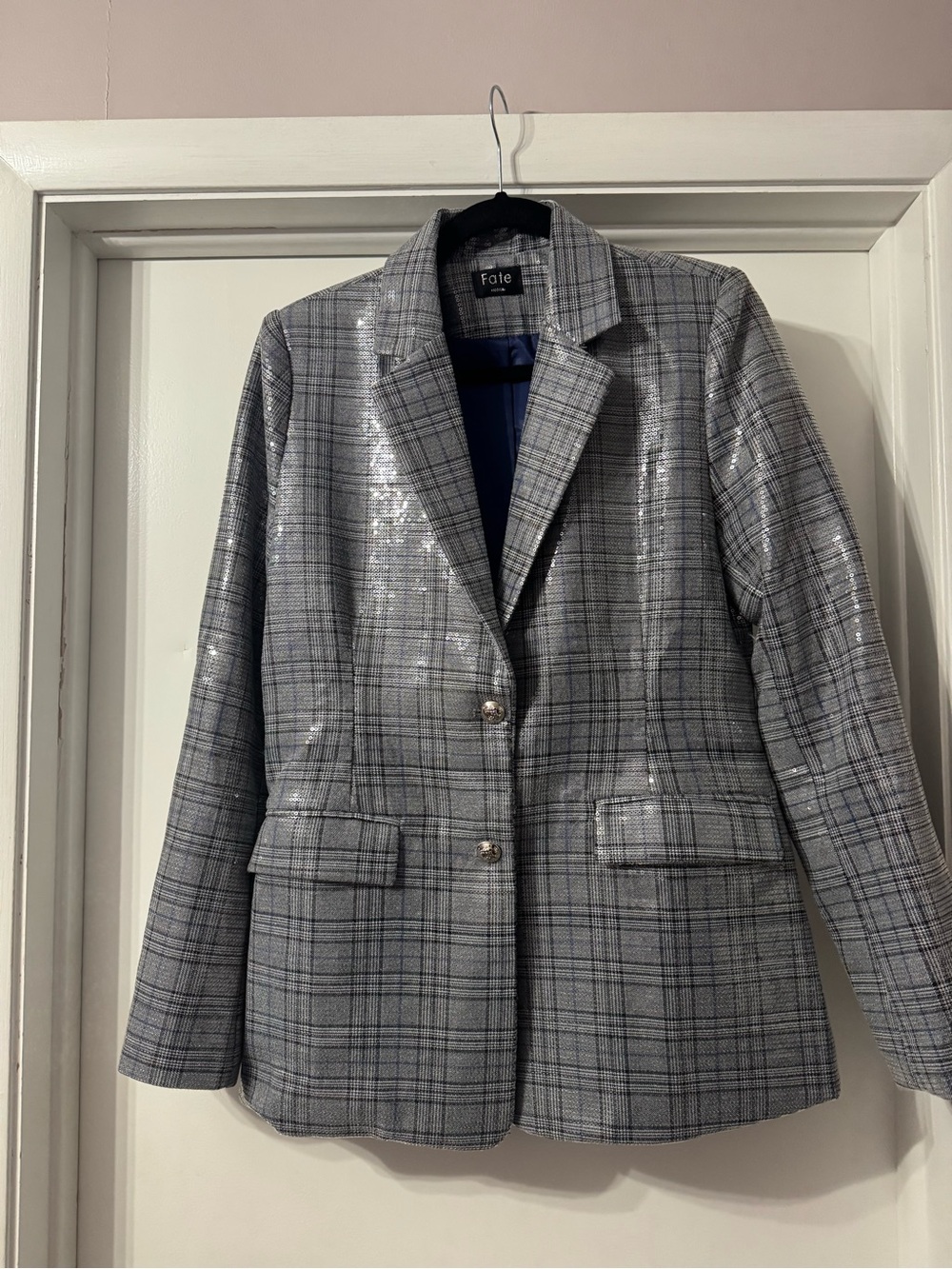 Fate Women's Silver Gray Sequin Plaid Blazer Jacket